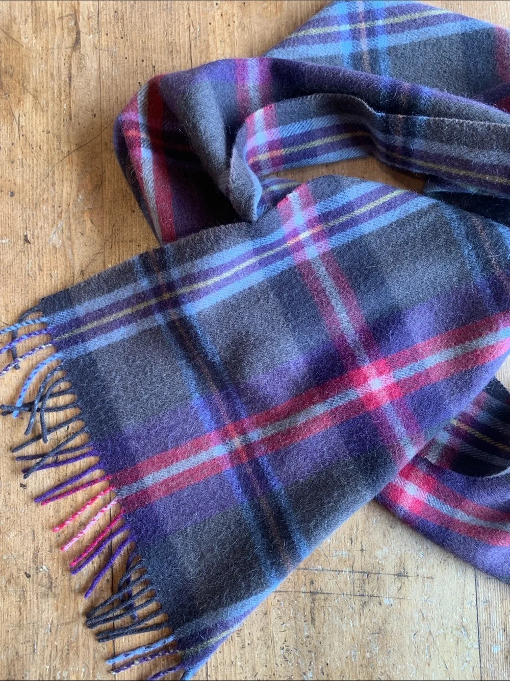 Mountain Horse Wool Blend Plaid Fringe Wool Blend Scarf in Gray, Purple & Red